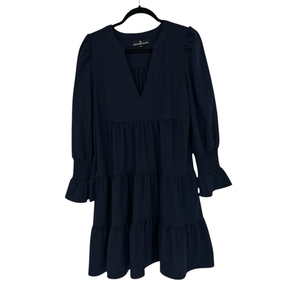 Tuckernuck Pomamder Place Kenzo Navy Crepe tiered long sleeve dress - Picture 2 of 8